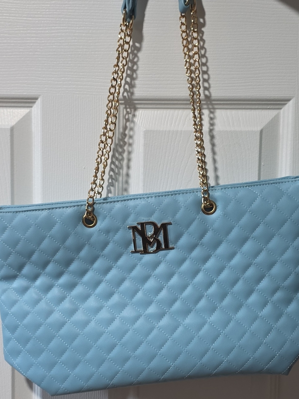 Badgley Mischka Quilted Light Blue Tote with Gold Chain Handles